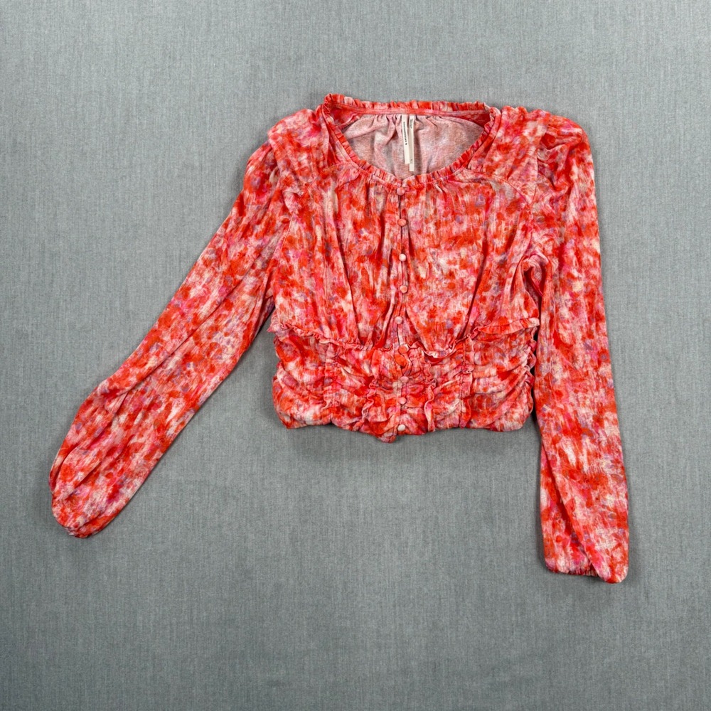 Anthropologie Red Orange Abstract‎ Watercolor Smocked Button Front Crop Top L